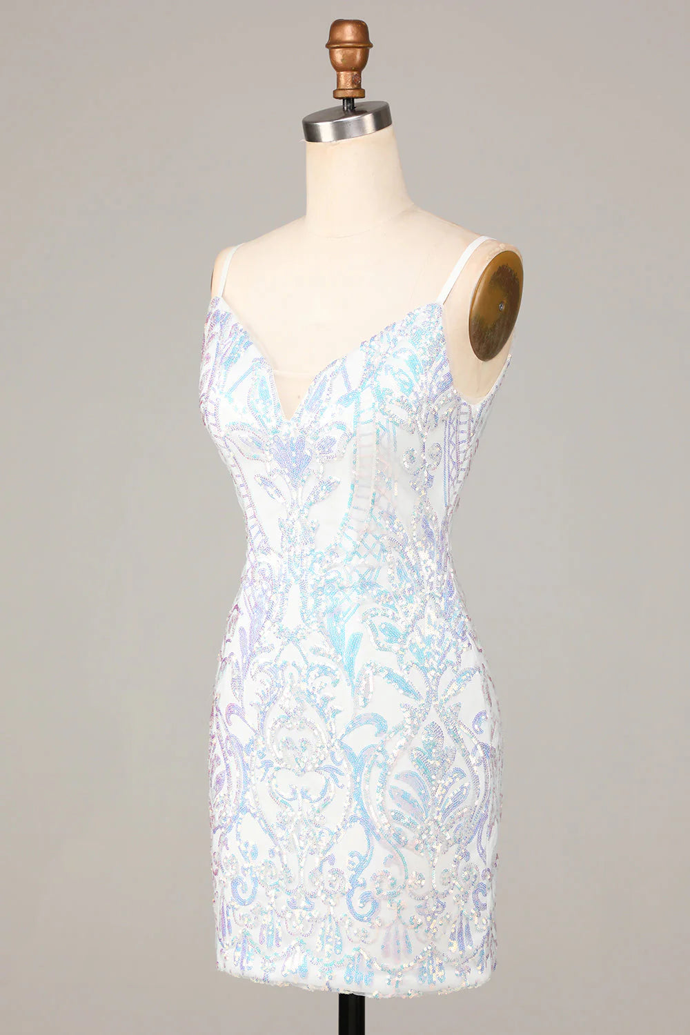 Amzcw Sheath Spaghetti Straps White Sequins Short Homecoming Dress