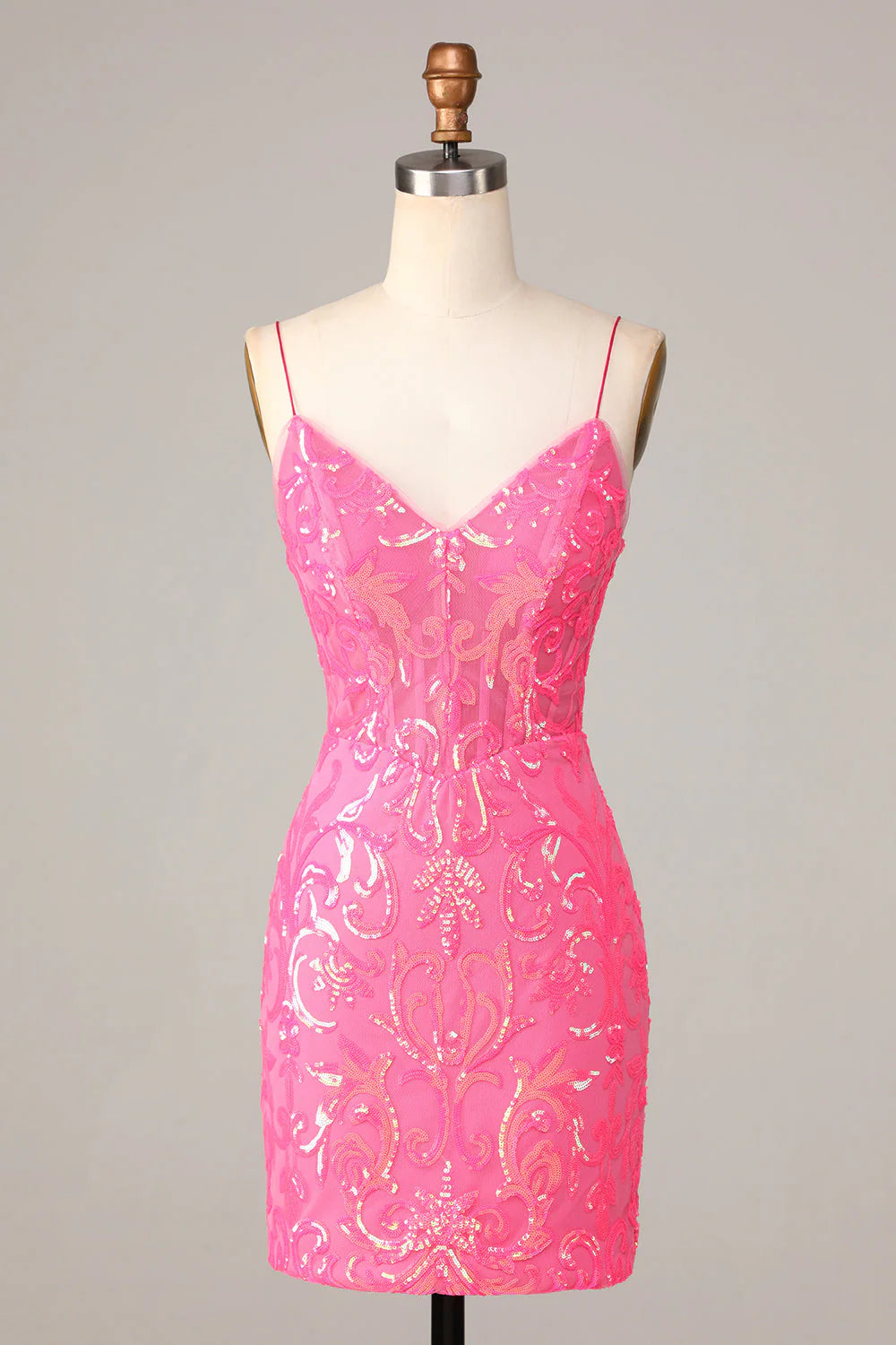Amzcw Amazing Sheath Fuchsia Spaghetti Straps Sequins Homecoming Dress