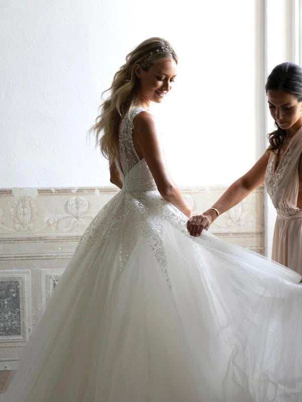 A Line Sequins Lace V Neck Chapel Train Wedding Dresses
