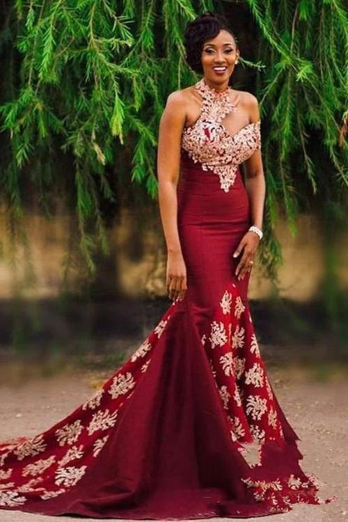 Charming Burgundy Halter Prom Dresses Mermaid Long Lace Appliqued Sleeveless Formal Dress