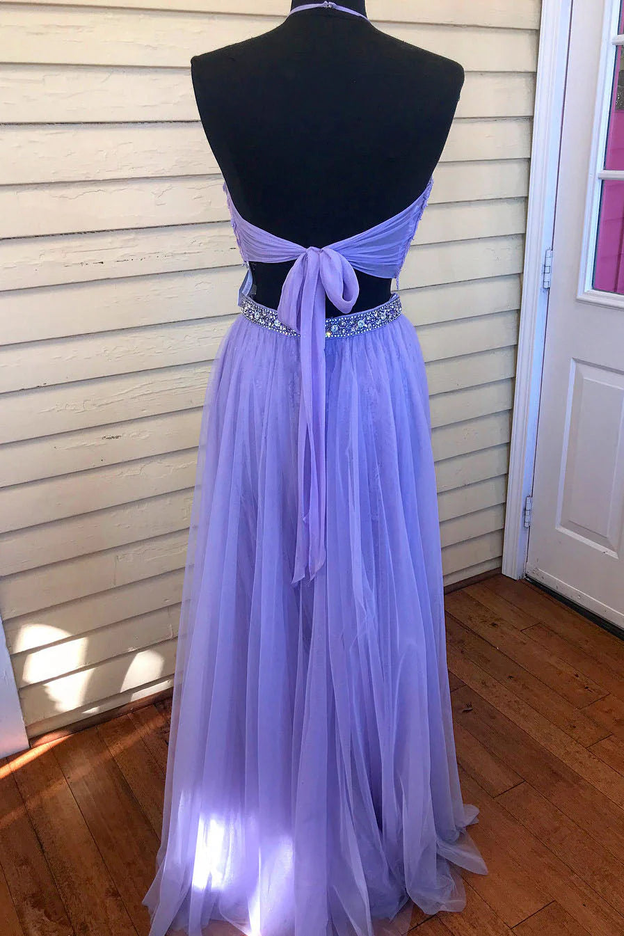 Charming Two Piece Long Halter Open Back Flowy Violet Tulle Beading Prom Dresses