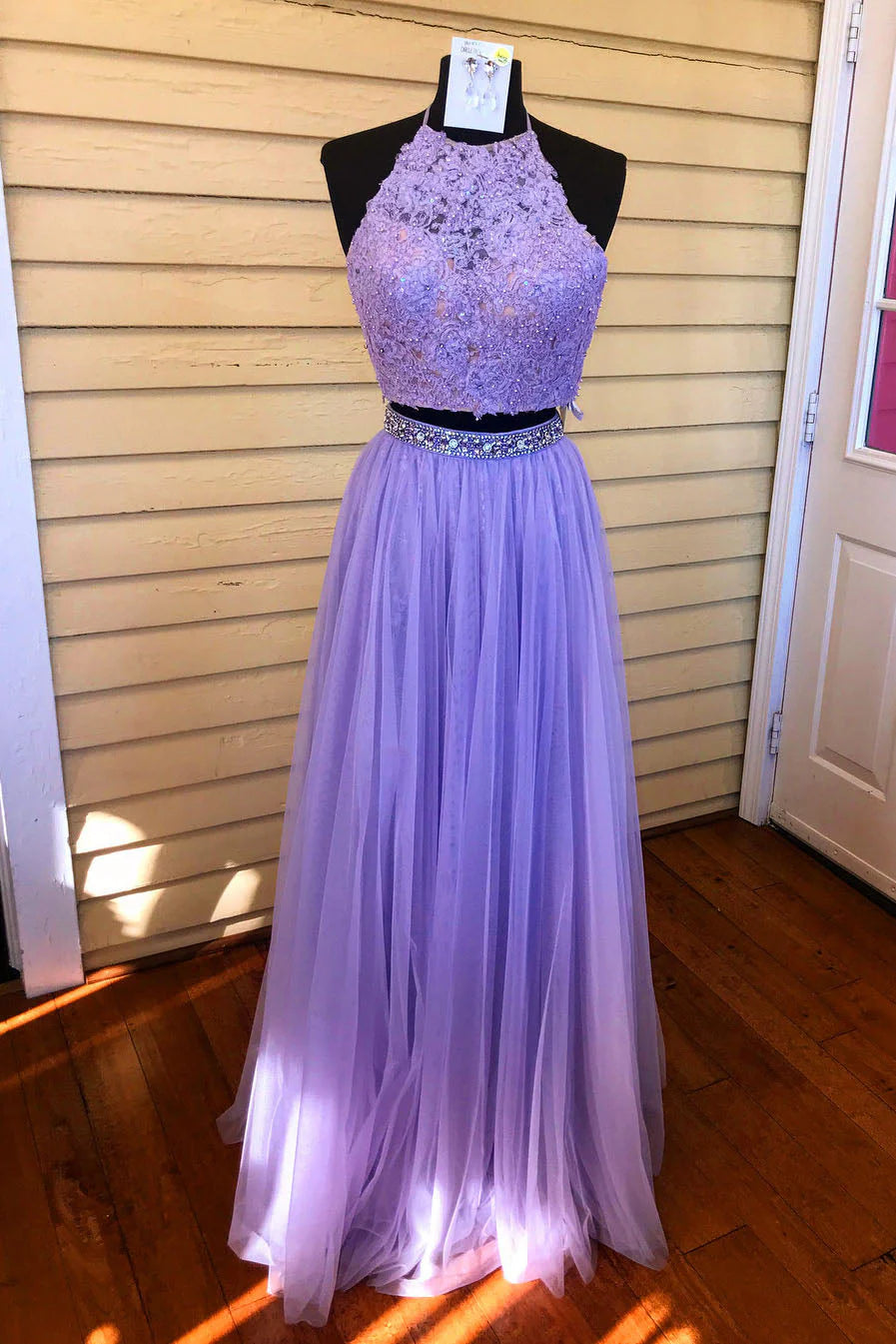 Charming Two Piece Long Halter Open Back Flowy Violet Tulle Beading Prom Dresses