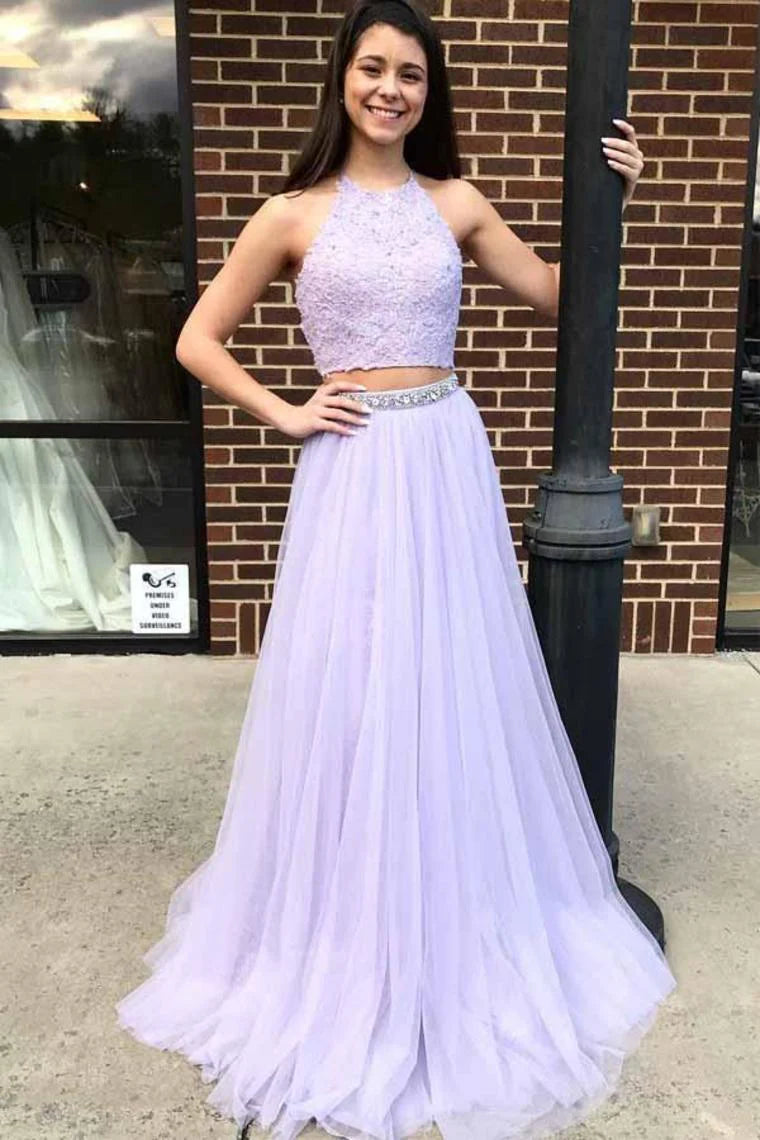 Charming Two Piece Long Halter Open Back Flowy Violet Tulle Beading Prom Dresses