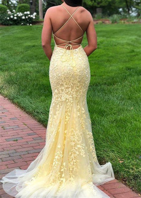 Charming Yellow Mermaid Lace Square Spaghetti Straps Long Open Back Prom Dresses