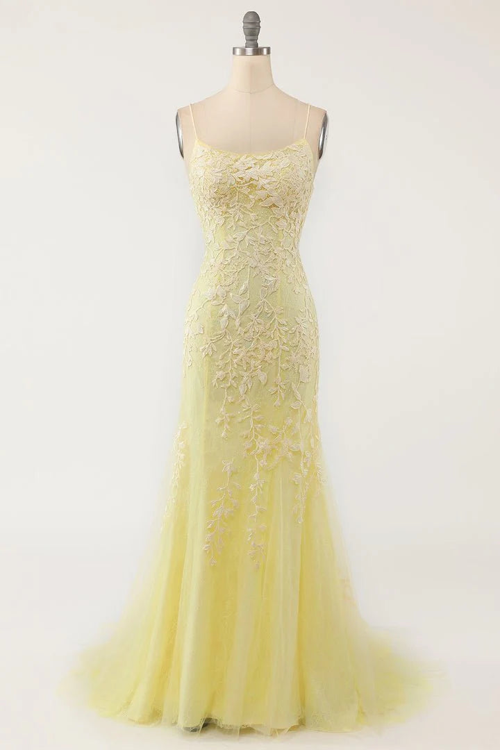 Charming Yellow Mermaid Lace Square Spaghetti Straps Long Open Back Prom Dresses