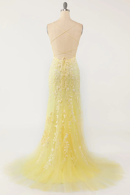 Charming Yellow Mermaid Lace Square Spaghetti Straps Long Open Back Prom Dresses