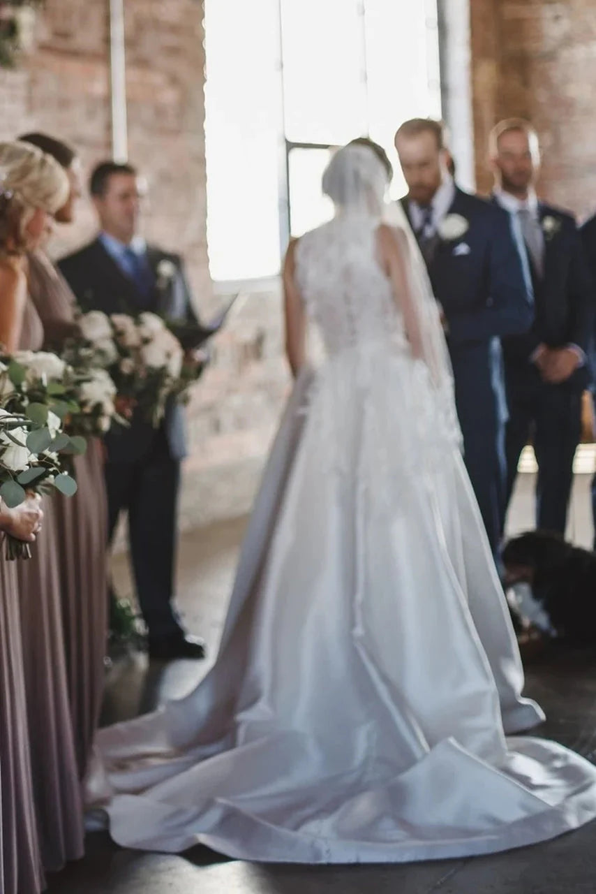 A line V Neck Lace & Tulle Sleeveless Sweep Train Wedding Dresses