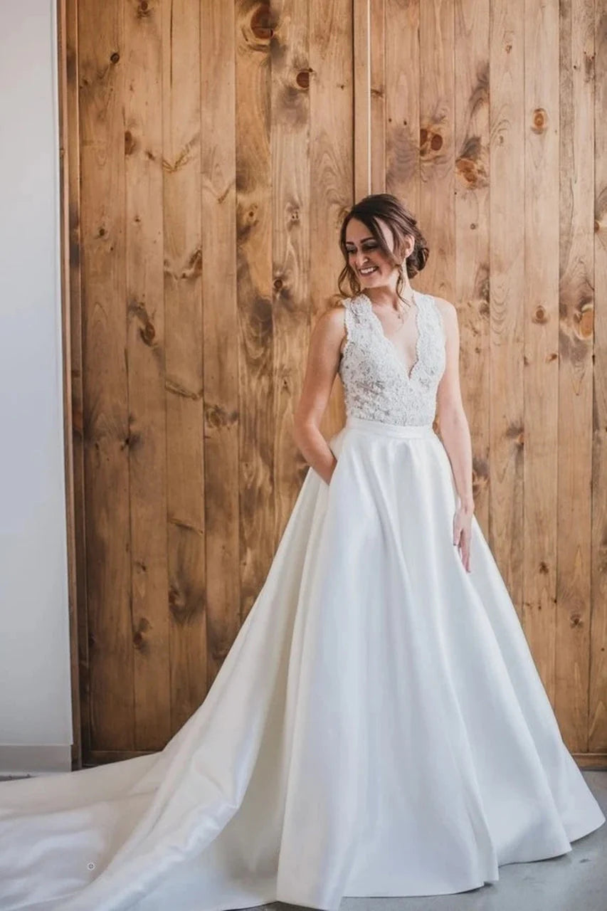 A line V Neck Lace & Tulle Sleeveless Sweep Train Wedding Dresses