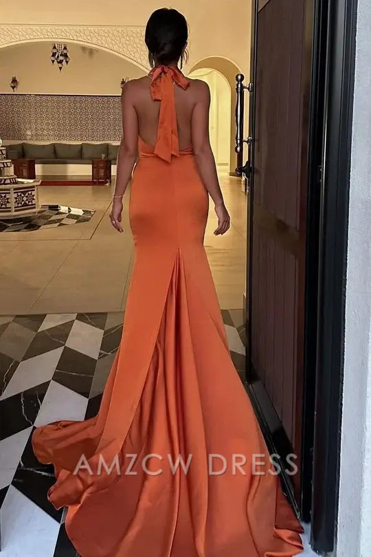 Amzcw Chic Halter Sleeveless Satin Pleated Mermaid Formal Prom Dress with Train