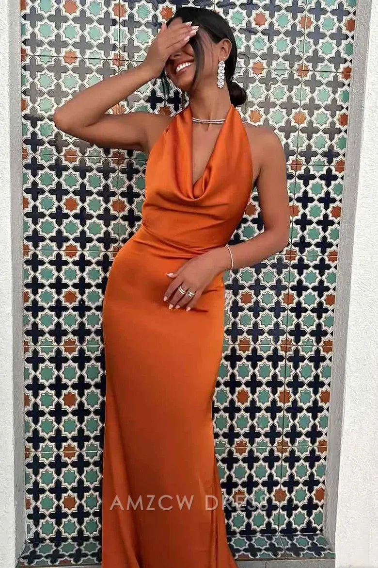 Amzcw Chic Halter Sleeveless Satin Pleated Mermaid Formal Prom Dress with Train