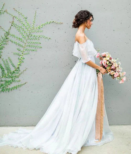 Chiffon Off The Shoulder With Split And Ruffles A Line Wedding Dresses