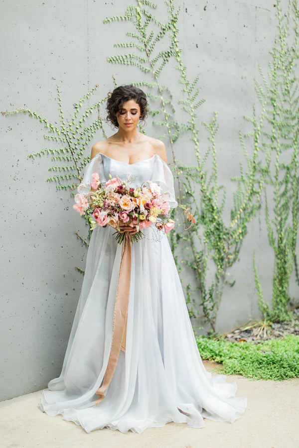 Chiffon Off The Shoulder With Split And Ruffles A Line Wedding Dresses
