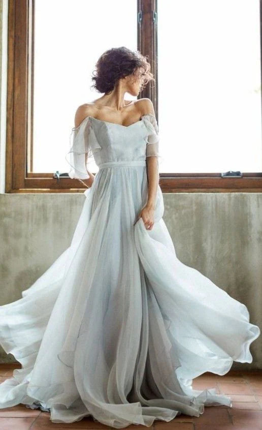 Chiffon Off The Shoulder With Split And Ruffles A Line Wedding Dresses