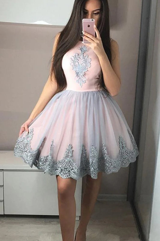 Cute A Line Round Neck Pink Short Cocktail Dresses Homecoming Dresses with Appliques