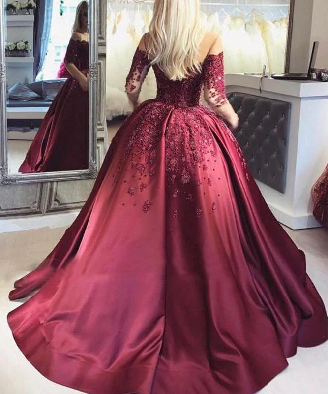 Dark Red Lace Long Sleeve Prom Dress Off-the-Shoulder Ball Gown Quinceanera Dress