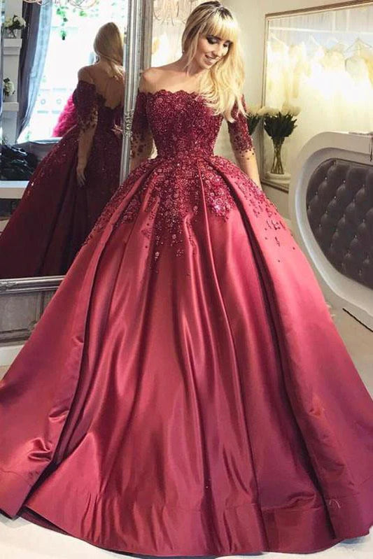 Dark Red Lace Long Sleeve Prom Dress Off-the-Shoulder Ball Gown Quinceanera Dress