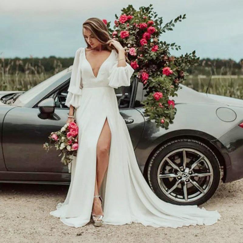 V Neck A Line Long Sleeves Wedding Dresses With Slit