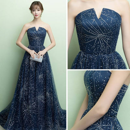 Elegant A-Line Strapless Navy Blue Sparkly Long Prom Dress