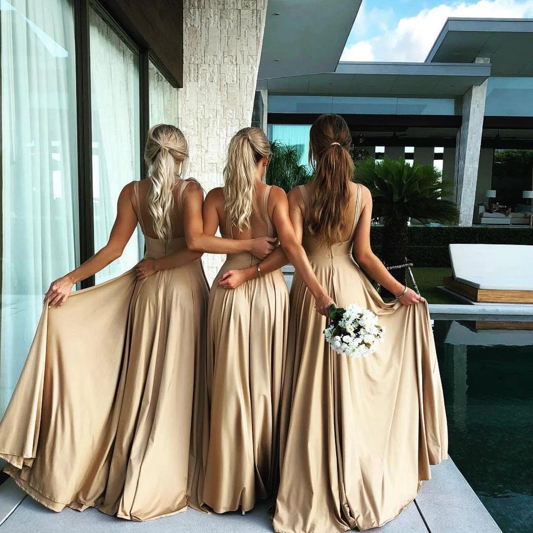 Elegant A-Line V-Neck Elastic Satin Backless Ruffles Sleeveless Bridesmaid Dress with Split