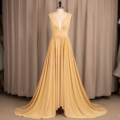 Elegant A-Line V-Neck Elastic Satin Backless Ruffles Sleeveless Bridesmaid Dress with Split