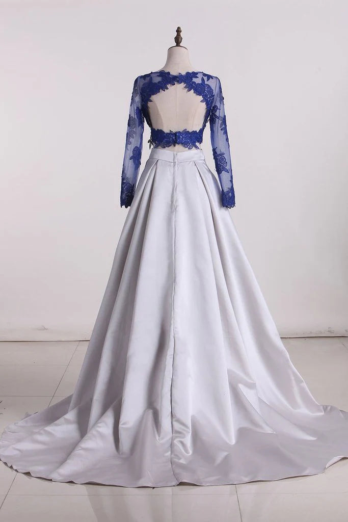 Elegant Blue Two Piece A-line Scoop Long Sleeve Elastic Satin Floor-Length Prom Dresses