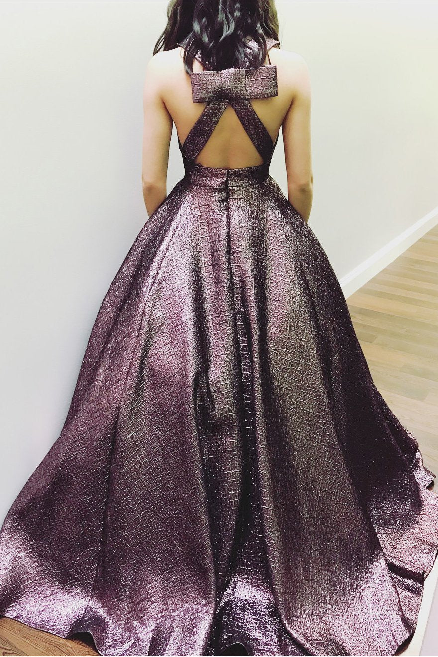 Elegant Deep V Neck Chocolate Brown Long Ball Gown Prom Dresses with Pockets