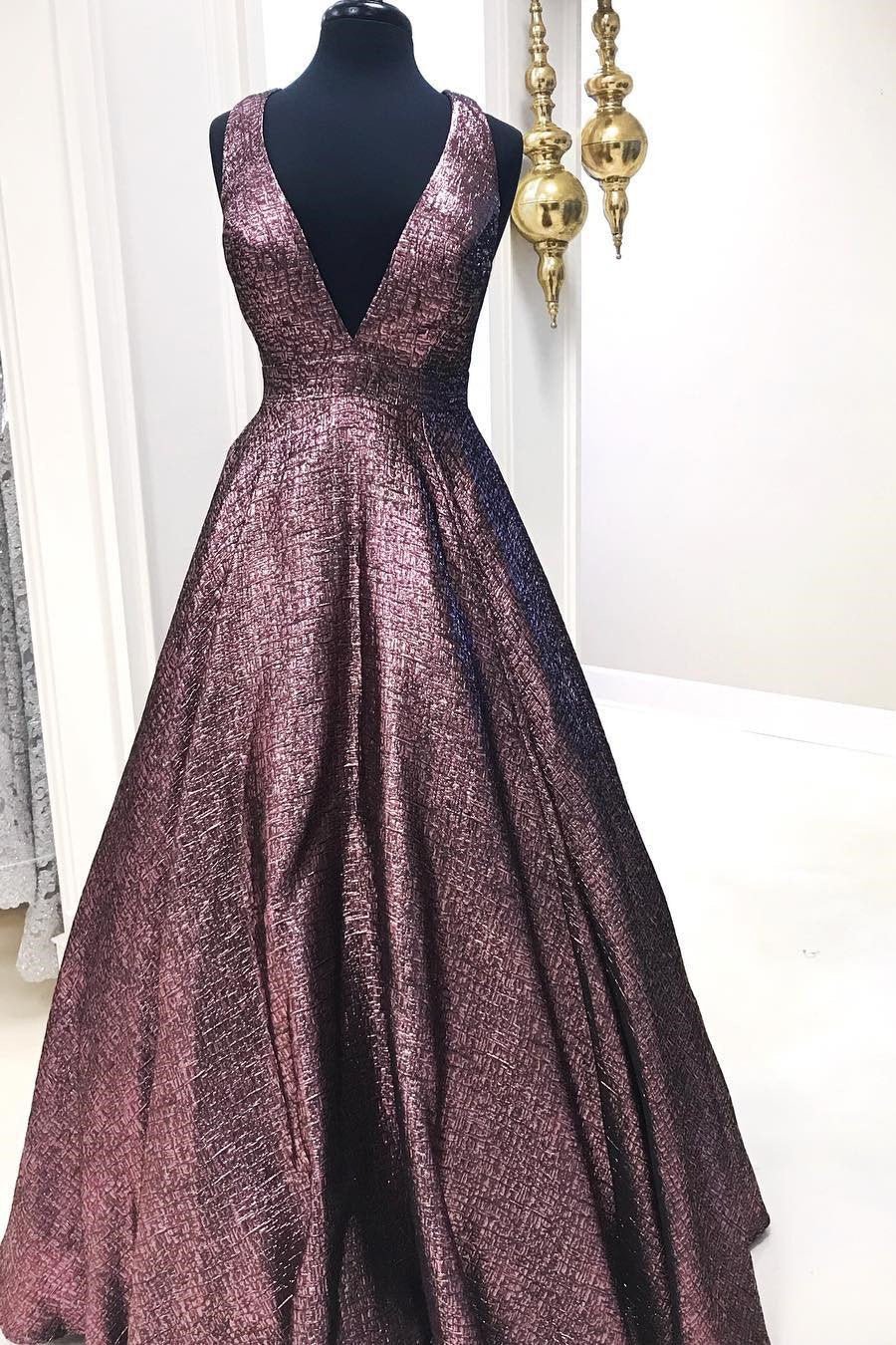 Elegant Deep V Neck Chocolate Brown Long Ball Gown Prom Dresses with Pockets