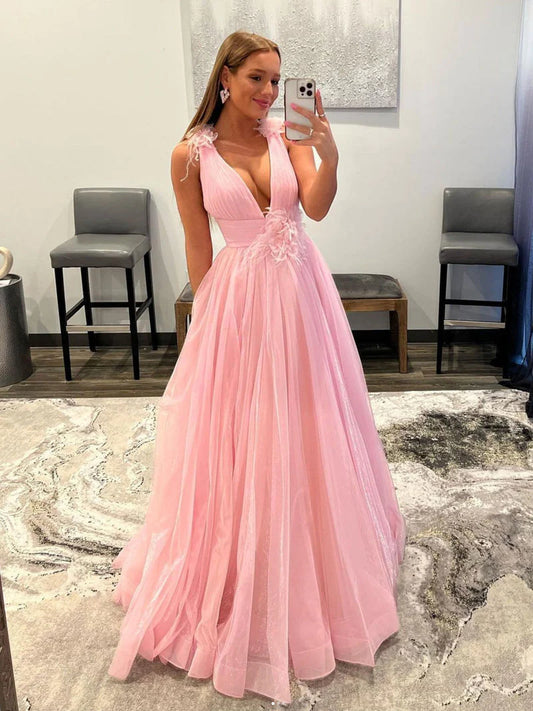 Elegant Deep V Neck Organza Pink Princess Prom Dresses Evening Dresses