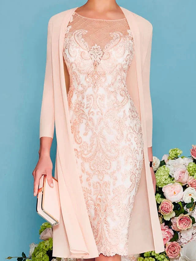Illusion Neck Knee Length 3/4 Sleeve Sheath / Column Mother of the Bride Dress with Embroidery
