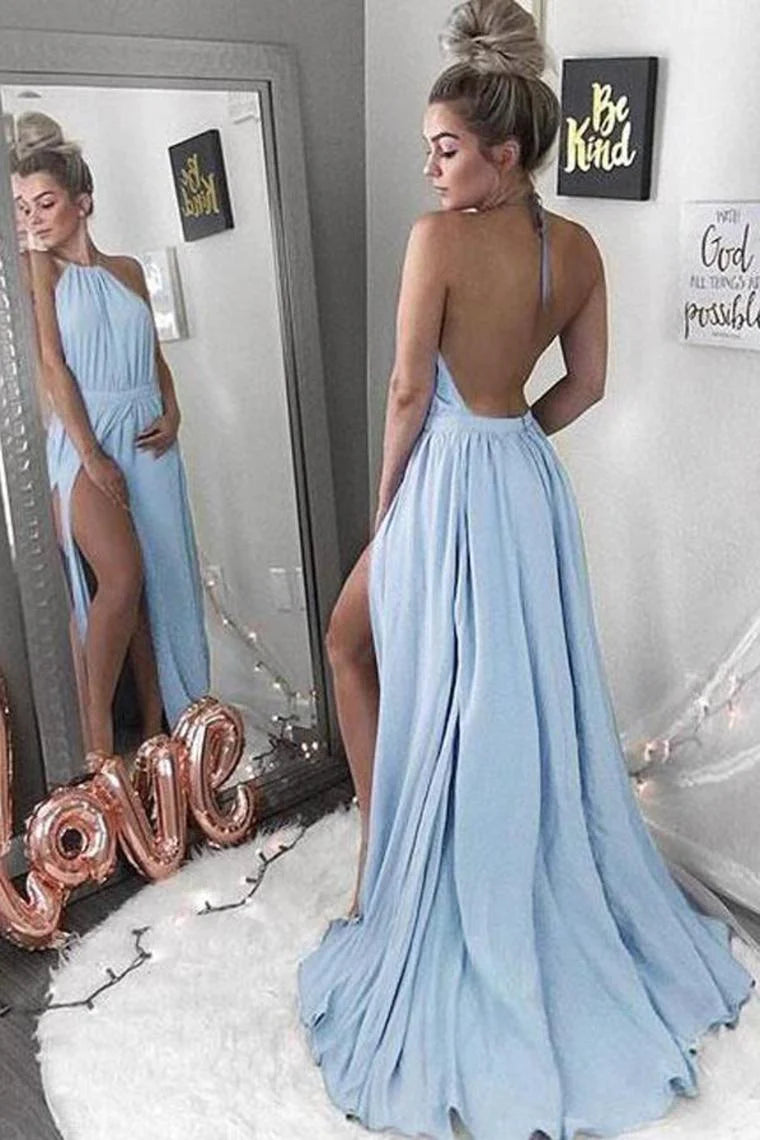 Elegant Long Sky Blue Halter Open Back Chiffon Simple Cheap Prom Dresses With Slit