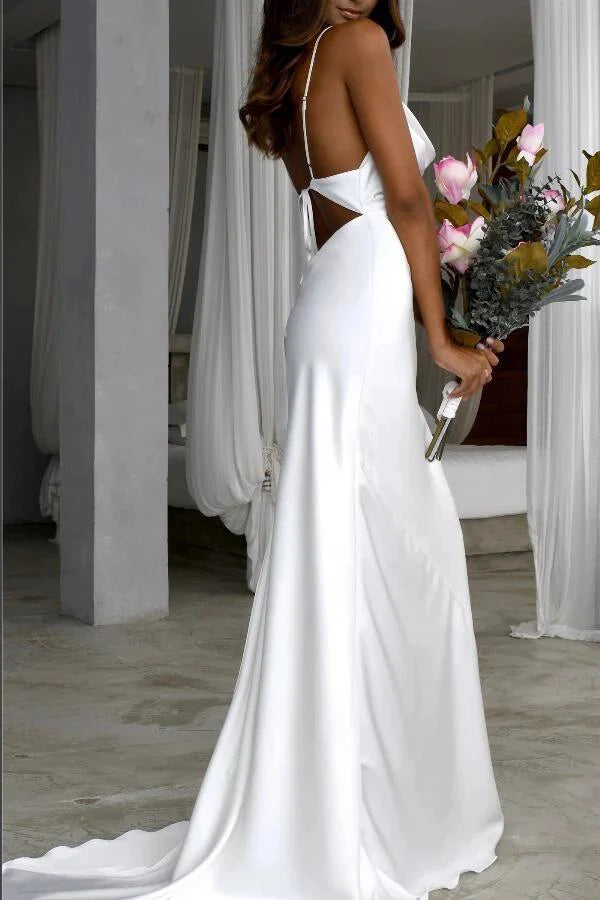 Elegant Mermaid Cowl Neckline White Simple Wedding Dresses