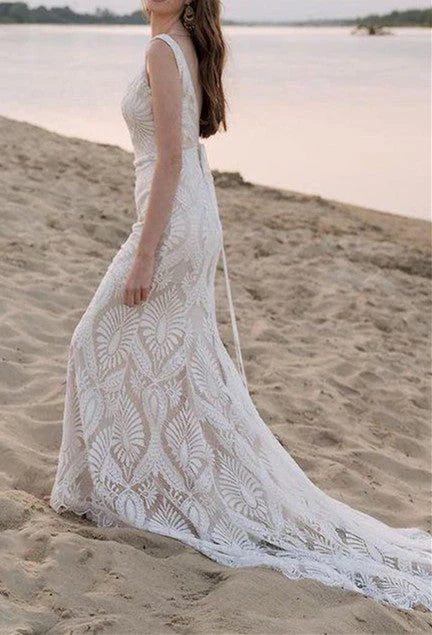Mermaid Lace Straps Backless Wedding Dresses