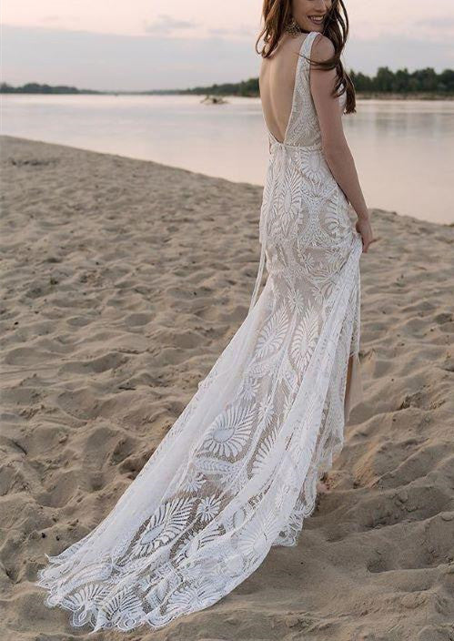 Mermaid Lace Straps Backless Wedding Dresses