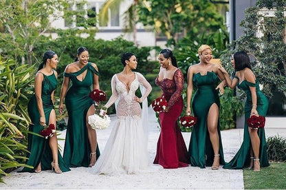 Elegant Mixed Mermaid Green Satin Side Split Bridesmaid Dresses