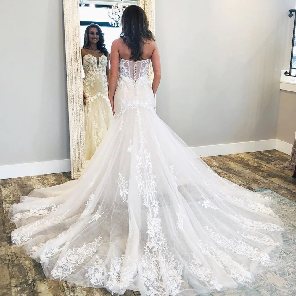 Mermaid Sheath Backless Sweetheart Applique Lace Wedding Dresses