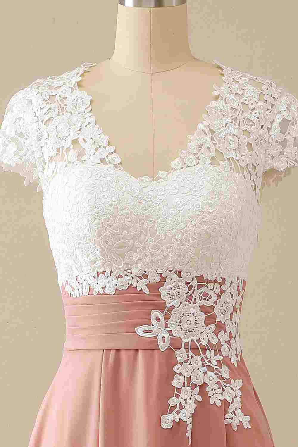 V Neck Lace & Chiffon Cap Sleeve Mother of the Bride Dress