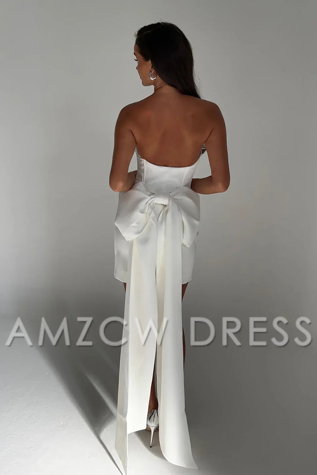 Amzcw Elegant Strapless Bow Mini Dress formal wear dresses - White