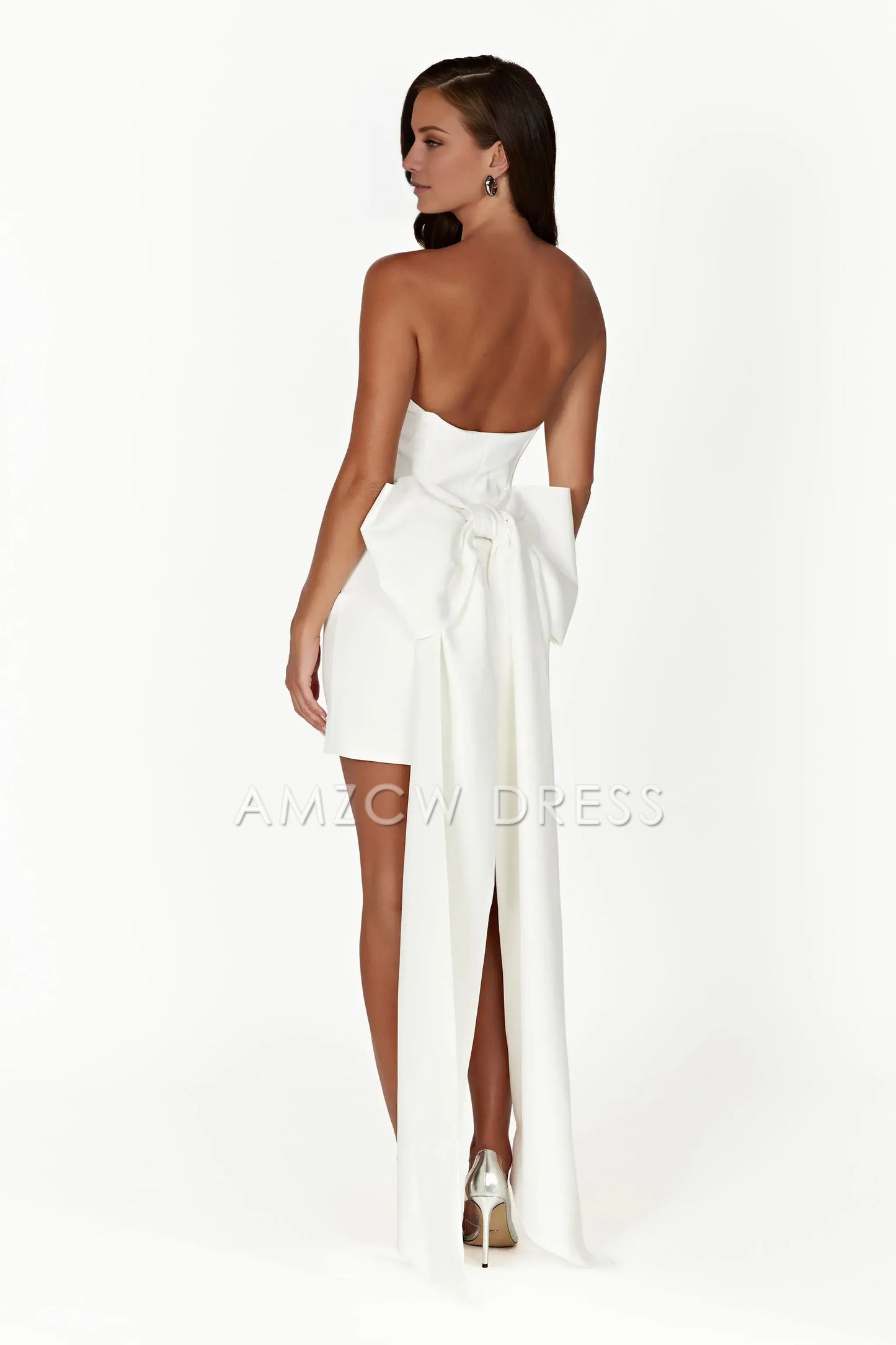 Amzcw Elegant Strapless Bow Mini Dress formal wear dresses - White