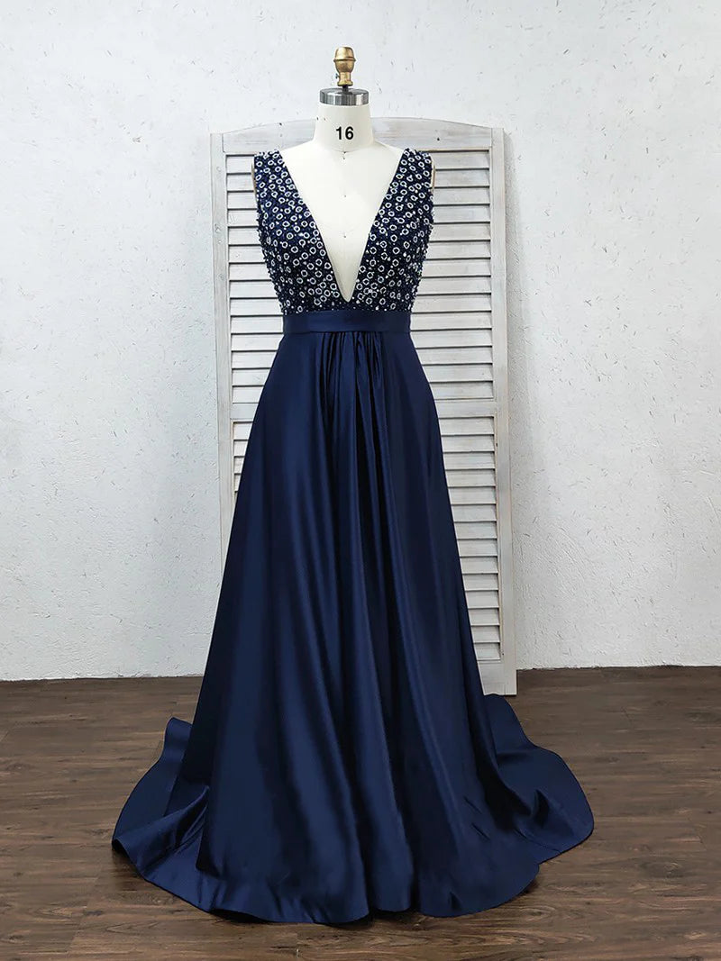 V-Neck Open Back Long Beading Satin Evening Dresses Prom Dresses