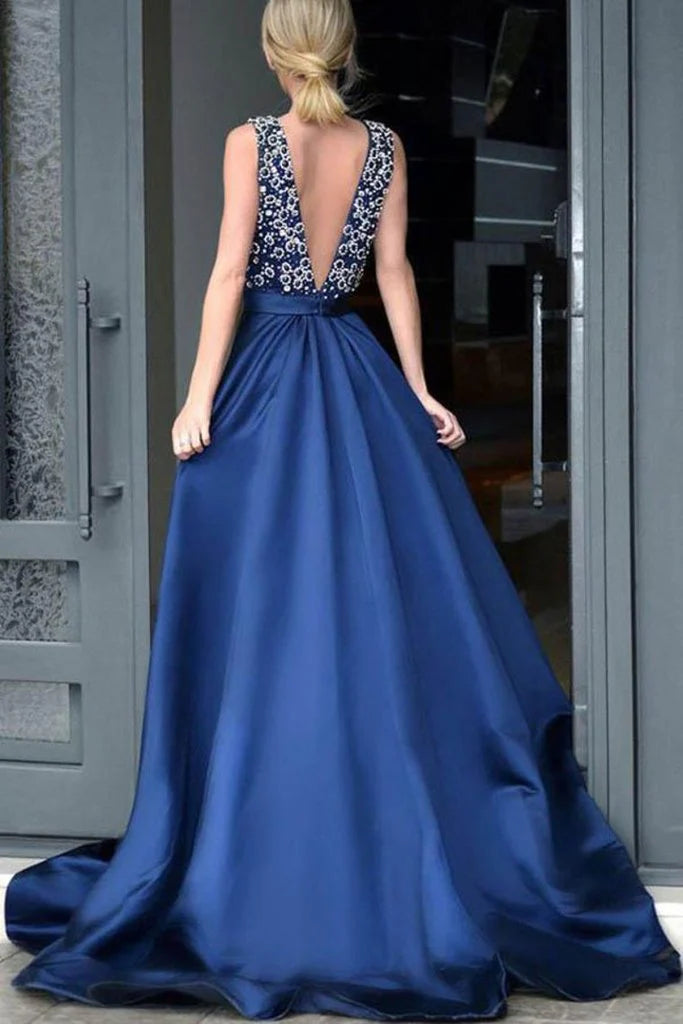 V-Neck Open Back Long Beading Satin Evening Dresses Prom Dresses