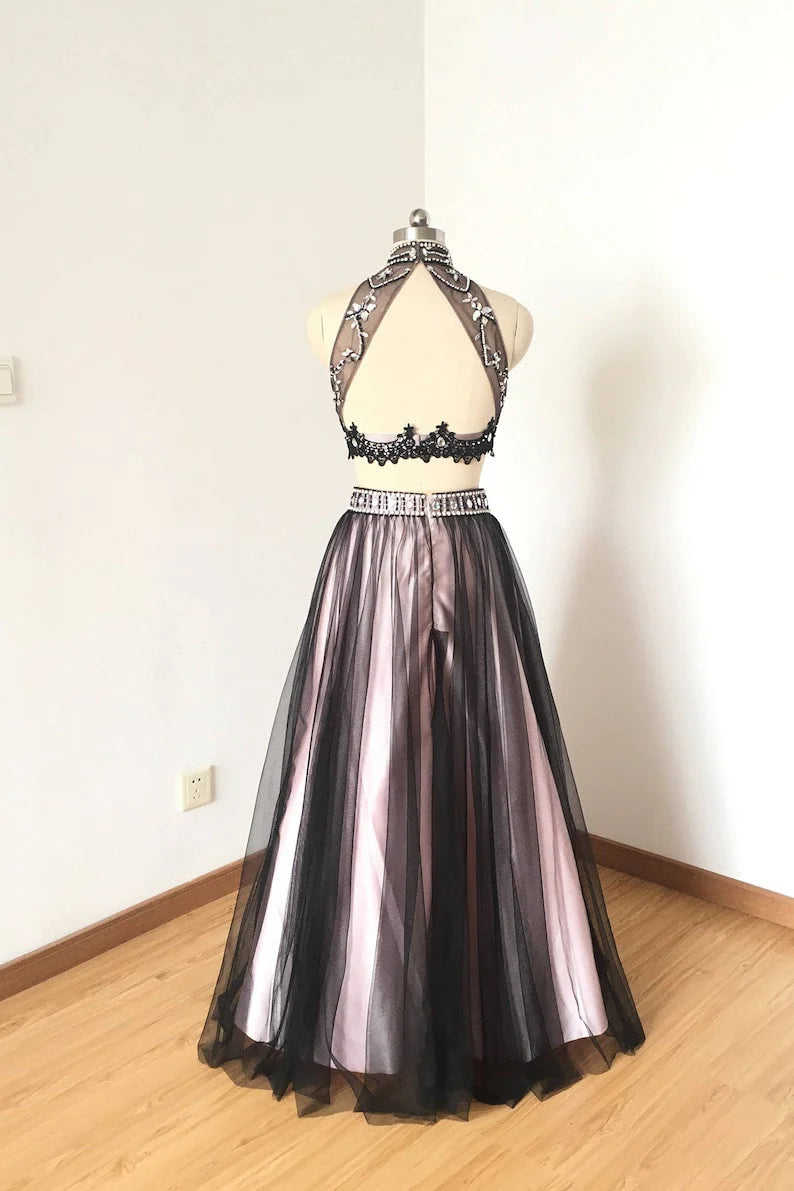 Full Length Sexy Tulle Beads Sleeveless A line Coffee Tulle Two Piece Prom Dresses