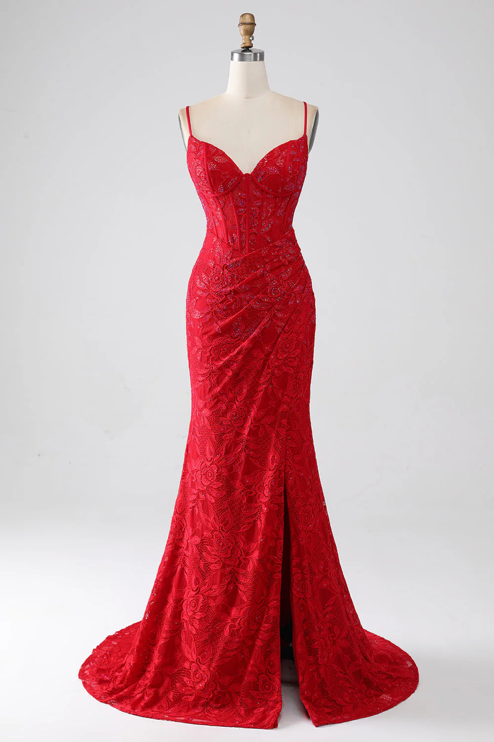 Amzcw Red Mermaid Spaghetti Straps Beaded Lace Applique Long Prom Dress With Slit prom dresses with long sleeves