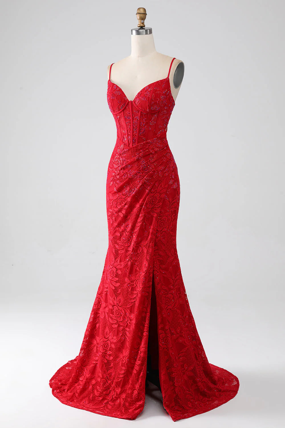 Amzcw Red Mermaid Spaghetti Straps Beaded Lace Applique Long Prom Dress With Slit prom dresses with long sleeves