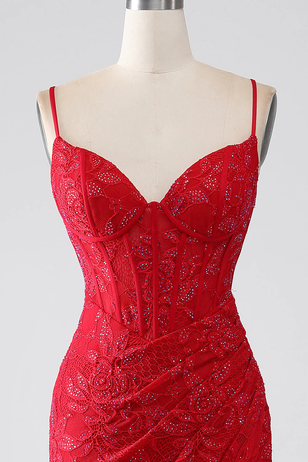 Amzcw Red Mermaid Spaghetti Straps Beaded Lace Applique Long Prom Dress With Slit prom dresses with long sleeves