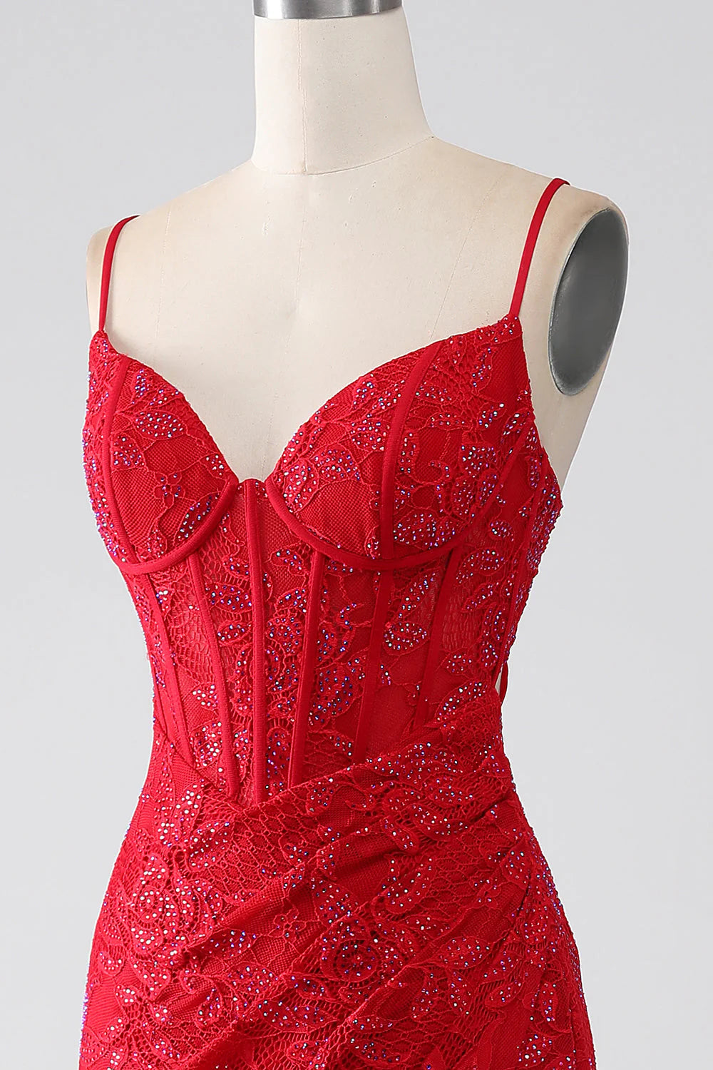 Amzcw Red Mermaid Spaghetti Straps Beaded Lace Applique Long Prom Dress With Slit prom dresses with long sleeves