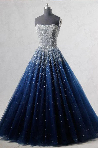 Glittery A Line Blue Tulle Strapless Long Prom Dresses UK Bling Bling Quinceanera Dresses