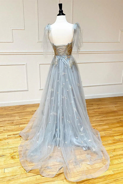 A-Line Grey Tulle Straps Appliques Long Prom Dress