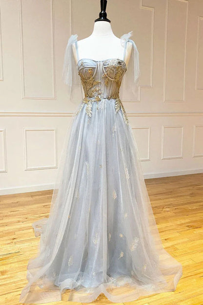 A-Line Grey Tulle Straps Appliques Long Prom Dress