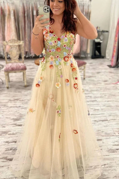 Gorgeous Fashion Long Spaghetti Straps Princess Prom Dresses With Appliques Evening Dresses
