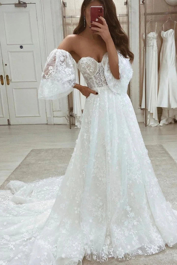 A Line Lace Appliques Wedding Dresses Sweetheart Wedding